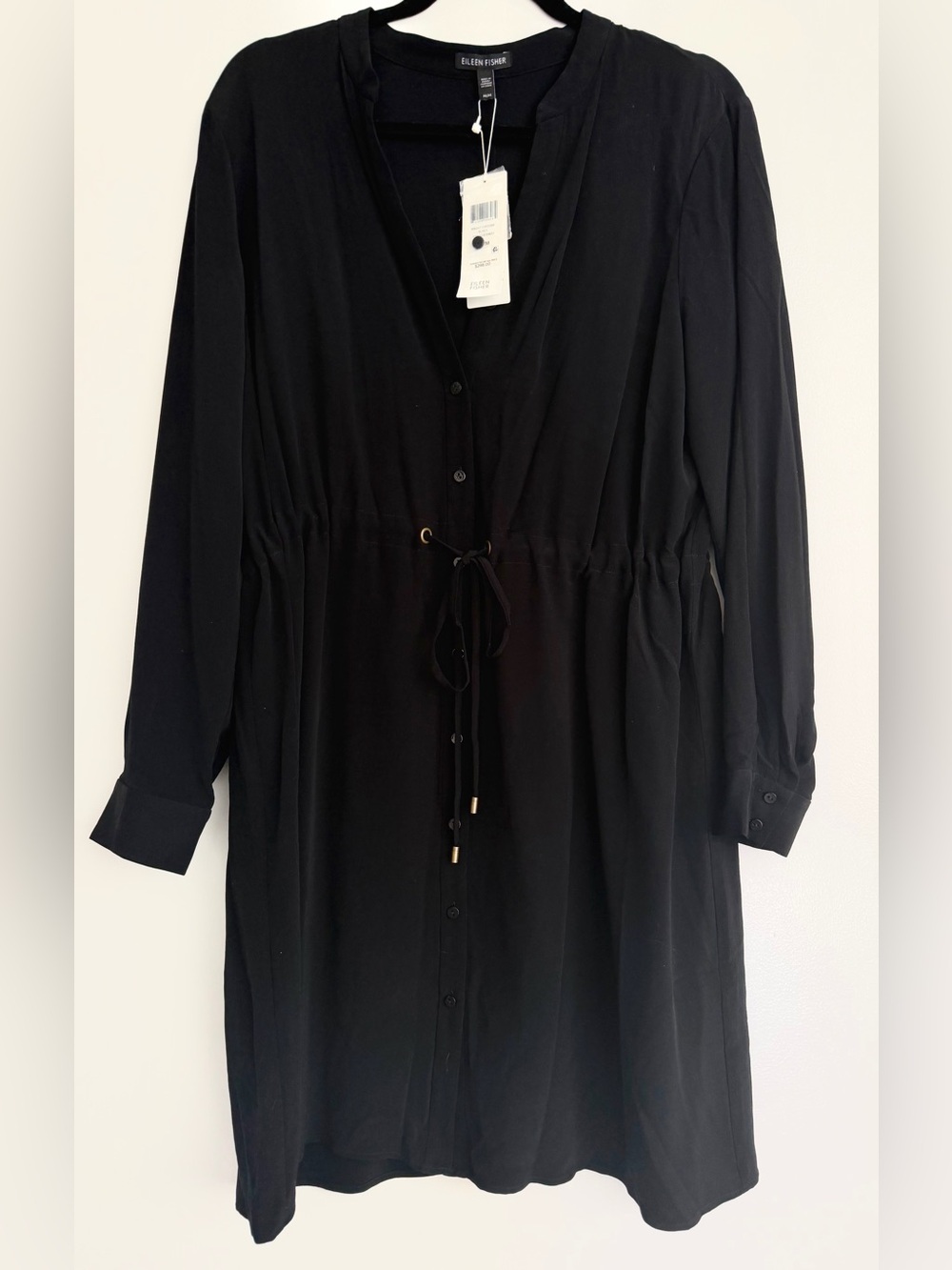 New Eileen Fisher Black Long-Sleeve Button-Front Drawstring Dress No Wrinkles